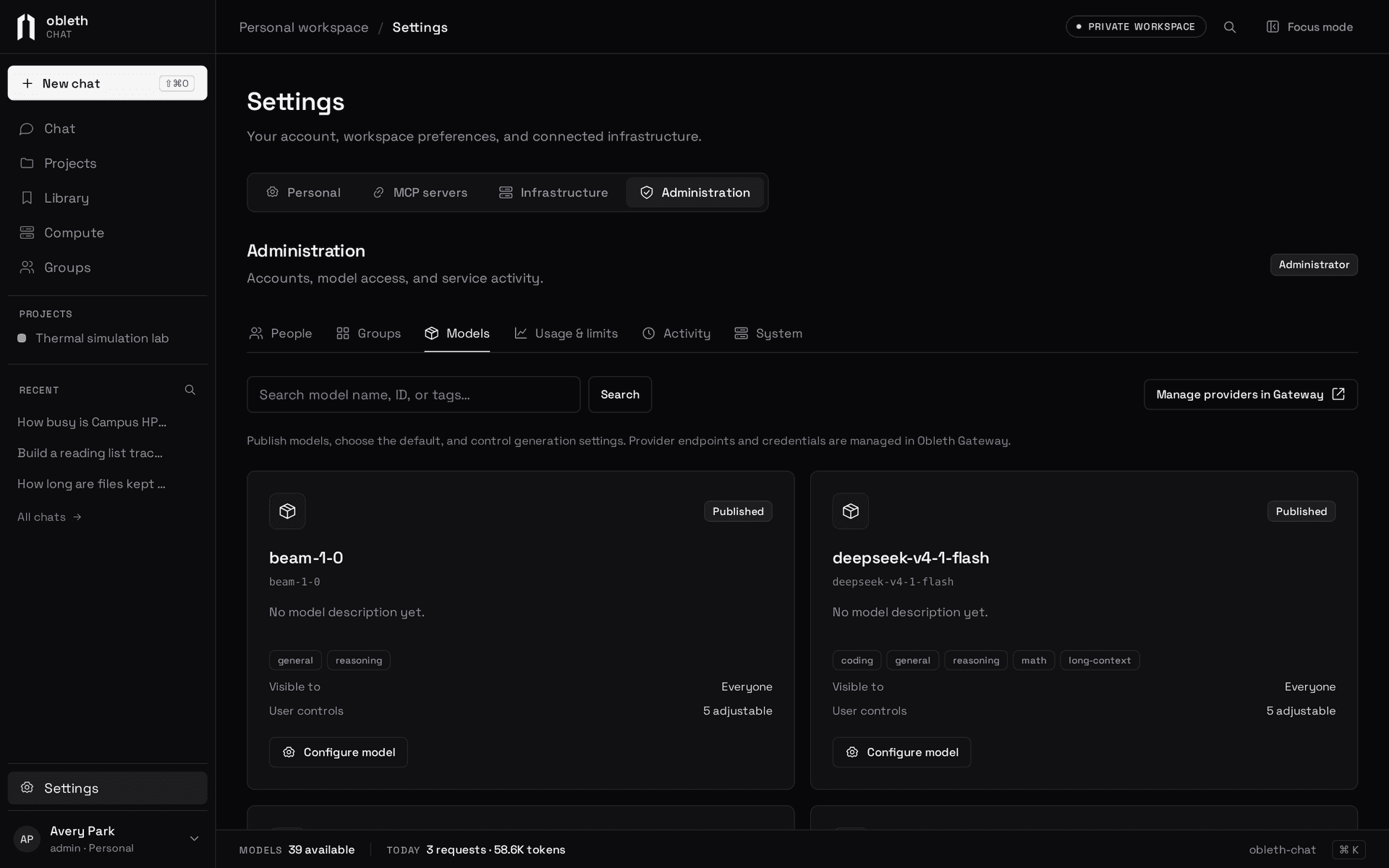Settings › Administration › Models: each model's tags, who it's visible to, how many settings people can adjust, and Configure model