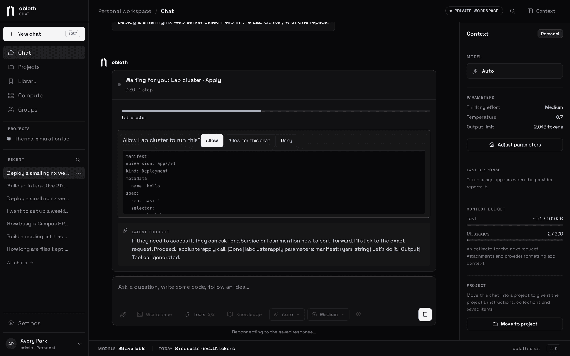 A Kubernetes apply waiting for approval: Allow, Allow for this chat and Deny, above the Deployment manifest the model wants to apply