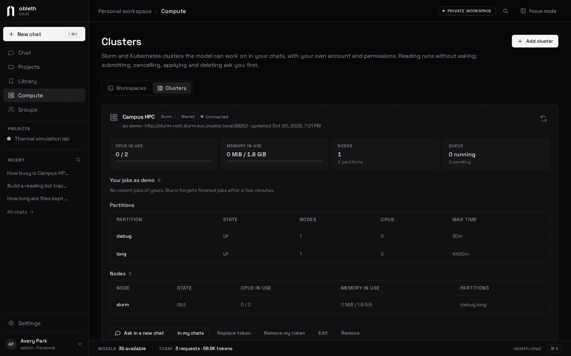 Compute › Clusters showing a Slurm cluster as the demo account: CPUs and memory in use, nodes, the queue, partitions and nodes
