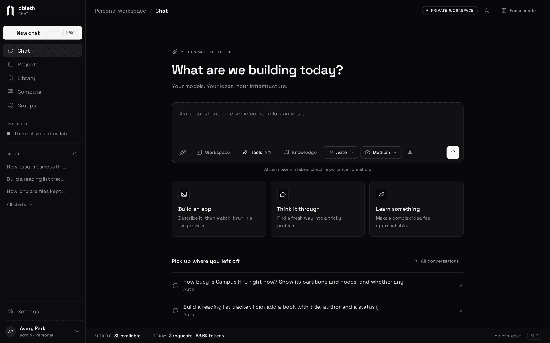 The Chat home: the sidebar with Chat, Projects, Library, Compute and Groups, the composer with Workspace, Tools, Knowledge, model and effort controls, and recent chats