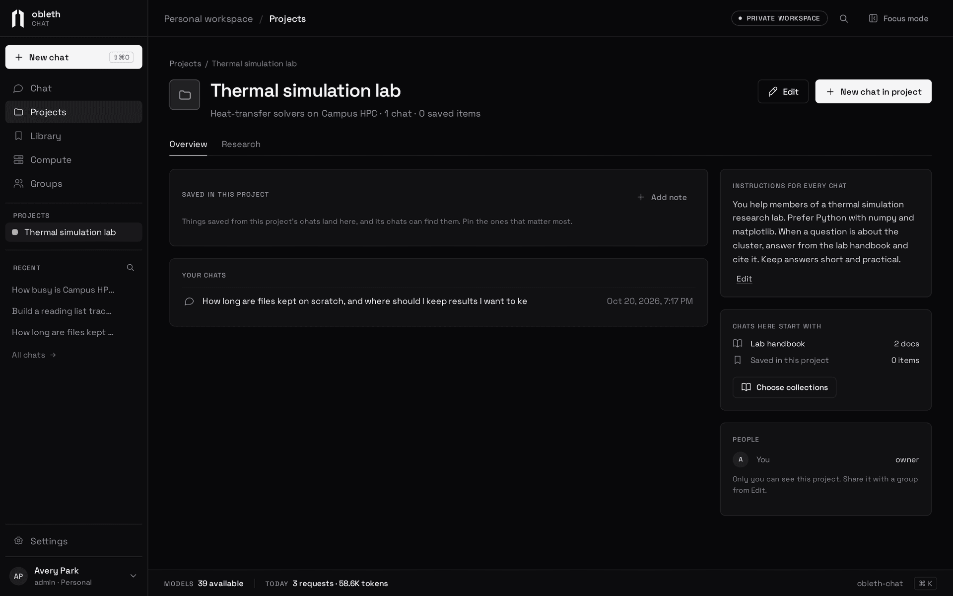 A project page: its instructions for every chat, the collection its chats start with, its chats and its people