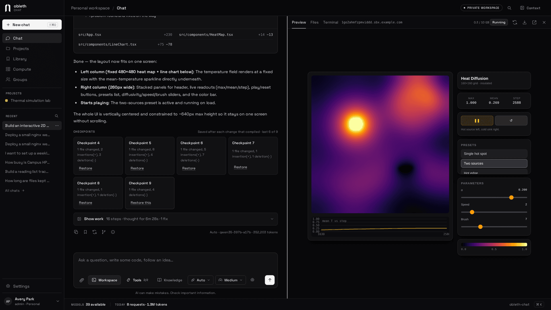 A chat building an interactive heat diffusion simulator in a workspace: the model's summary, files changed and checkpoints on the left, the running app in the live preview on the right