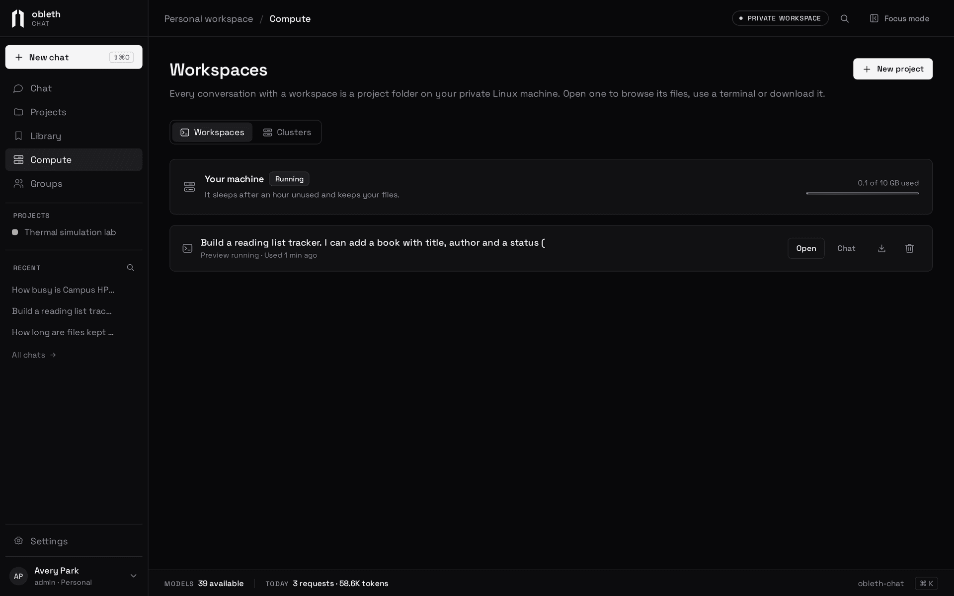 Compute › Workspaces: the person's machine, running, with disk use, and one project with Open, Chat, download and delete