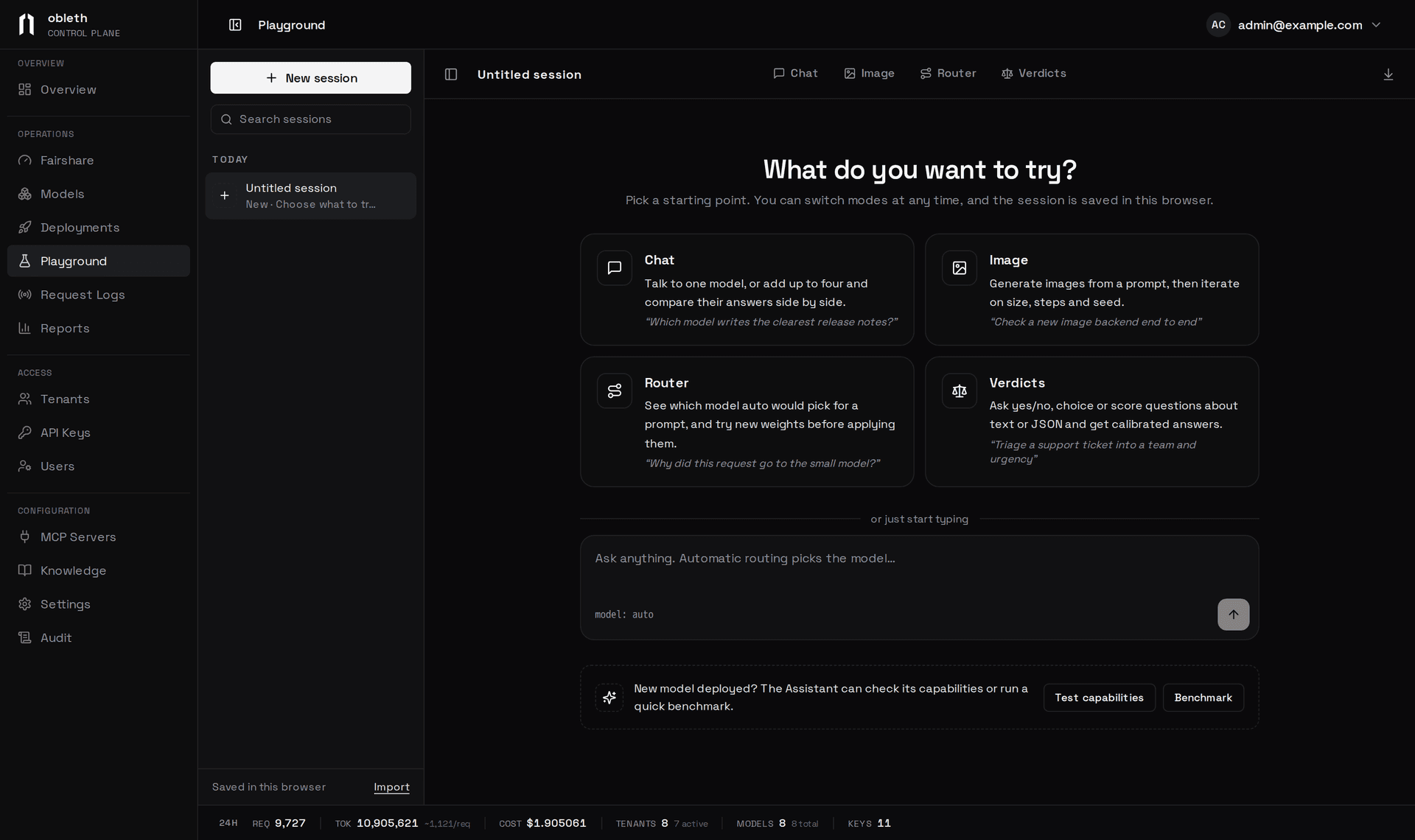 The Playground launcher: cards for Chat, Image, Router and Verdicts, a box to start chatting through automatic routing, and a prompt to have the Assistant test a new model