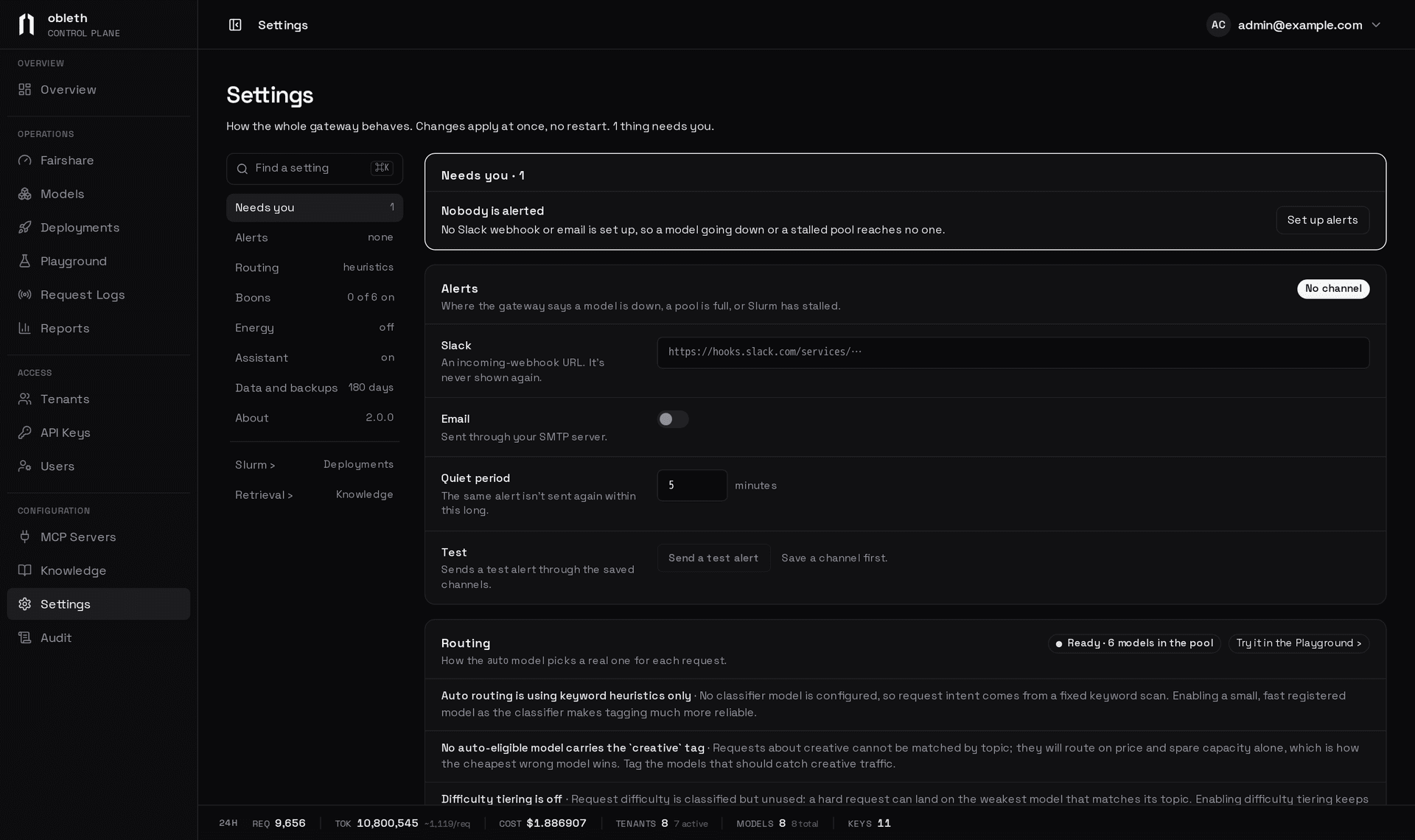 Settings: the section list, a Needs you card saying nobody is alerted, the Alerts section, and the Routing section with its readiness findings